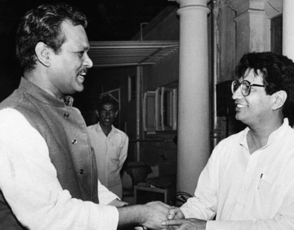 Ajit Singh, President of Janata Party and Union Minister for Industry meets Subodh Kant Sahay, Janta Party leader during a dinner hosted by him at his residence in New Delhi during 1990