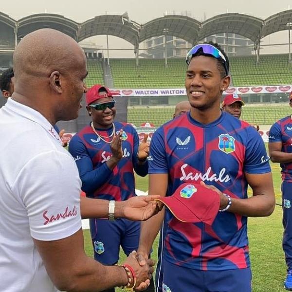 Akeal Hosein before the start of his debut match for West Indies
