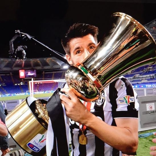 Alvaro Morata with the 2016 Coppa Italia Trophy