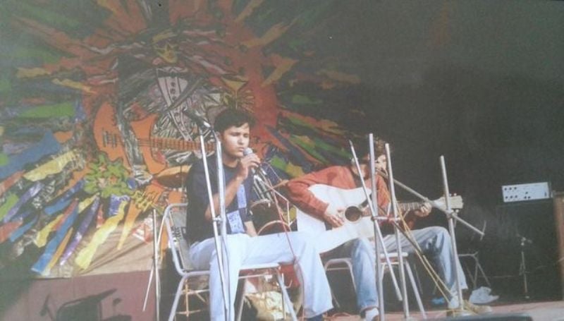 Amish Tripathi (left) performing during his college days