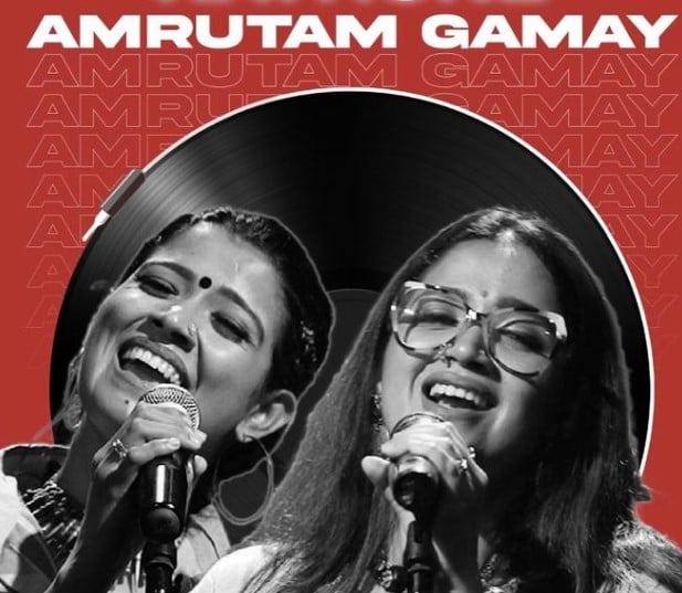 Amrutha Suresh with her sister on the poster of their music band 