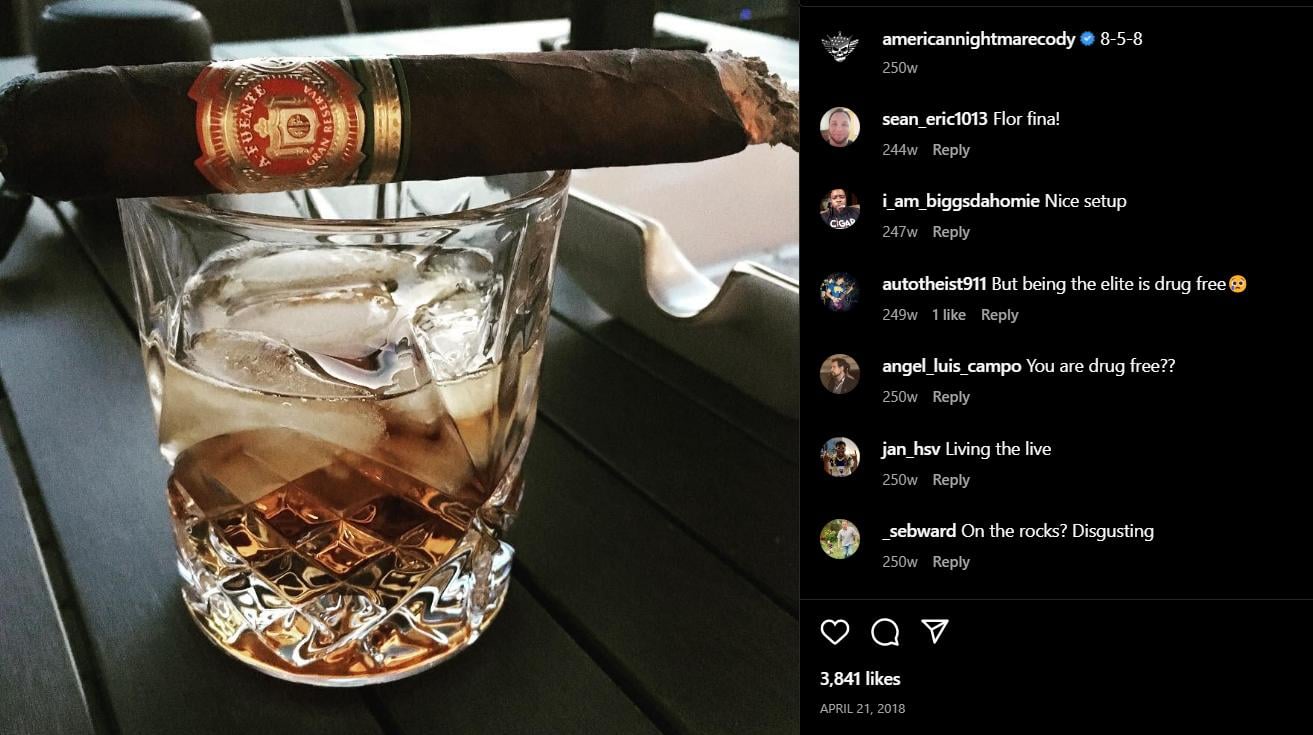 An Instagram post by Cody showing that he smokes and drinks