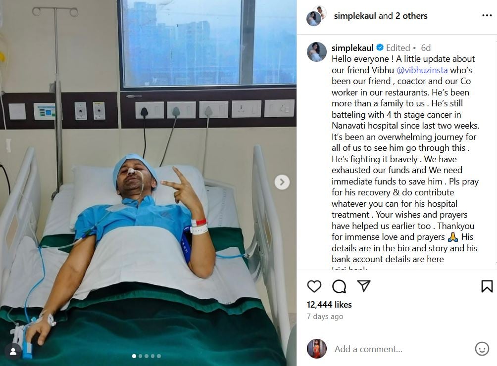 An Instagram post by actor Simple Kaul regarding raising funds for Vibhu Raghave’s treatment