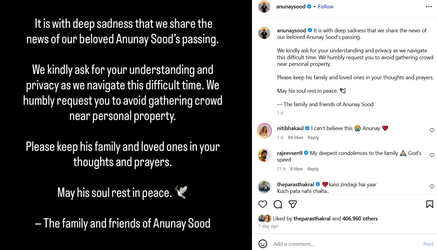 An Instagram post shared by Anunay Sood