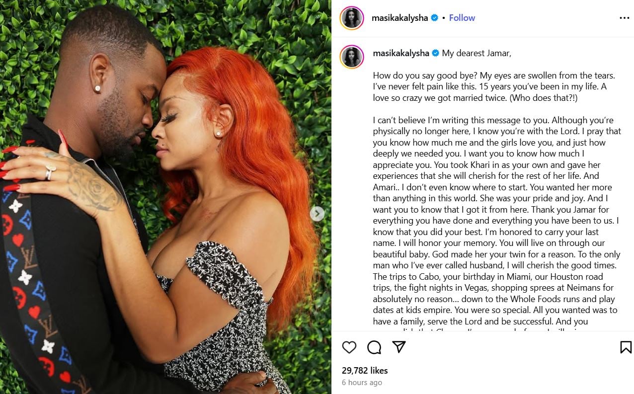 An Instagram post shared by Masika Kalysha after the death of Jamar Champ