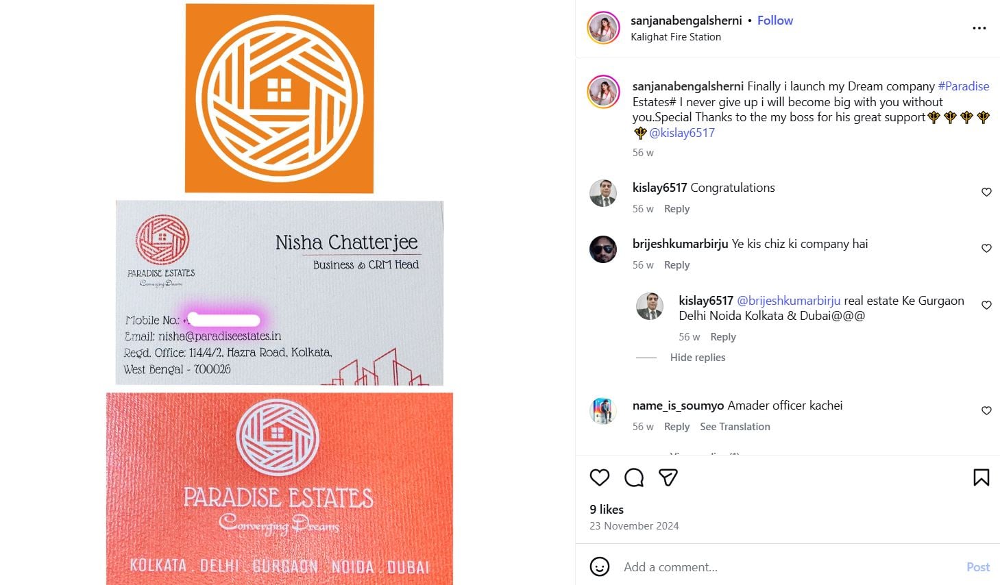 An Instagram post shared by Nisha Chatterjee about her real estate company