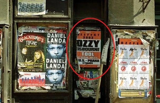 An Ozzfest concert poster (middle) on a storefront door in Prague, Czech Republic, in Summer 2002