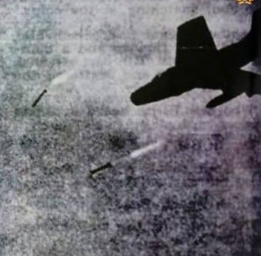 An image of the attack being conducted by a Dassault Mysteres through its rocket taken from another aircraft