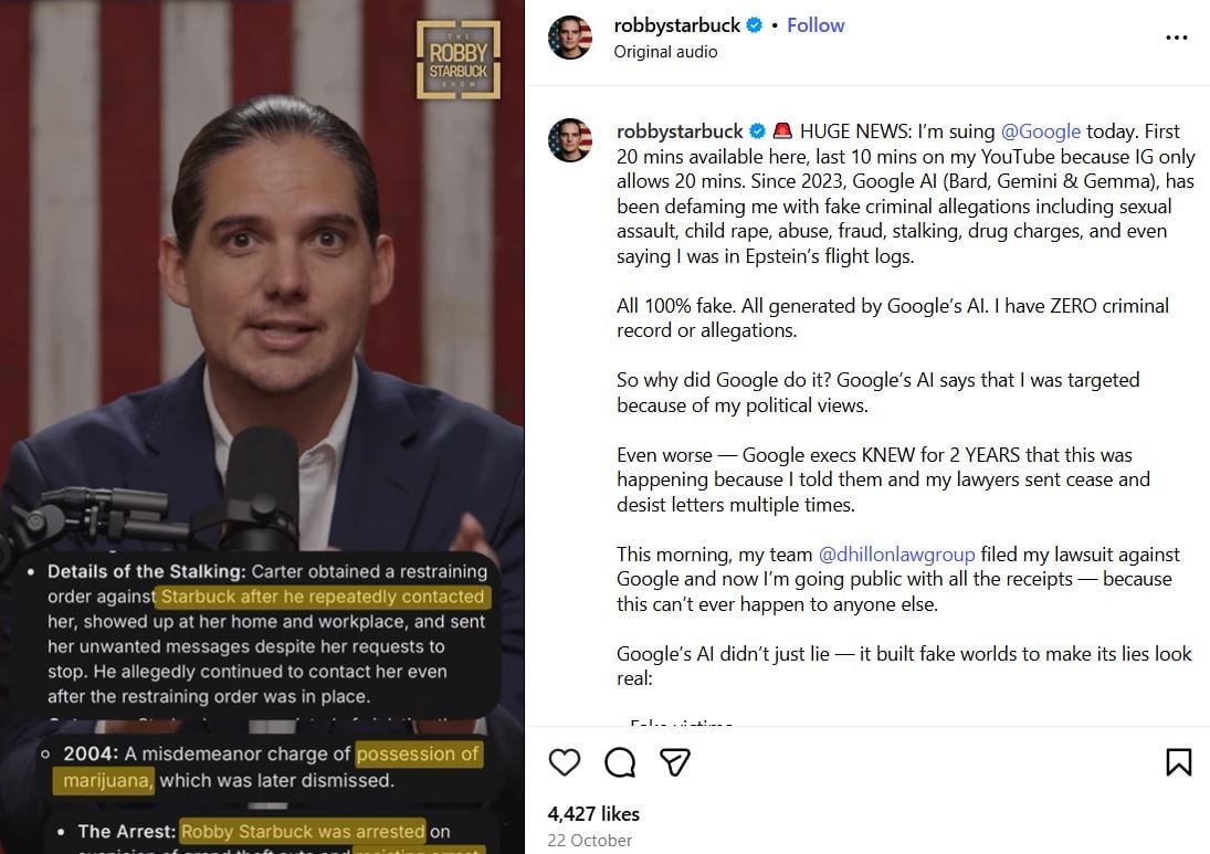 An Instagram post shared by Robby Starbuck announcing his lawsuit against Google