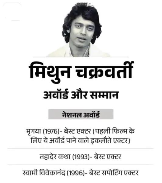 An official poster announcing all National Awards won by Mithun in his career