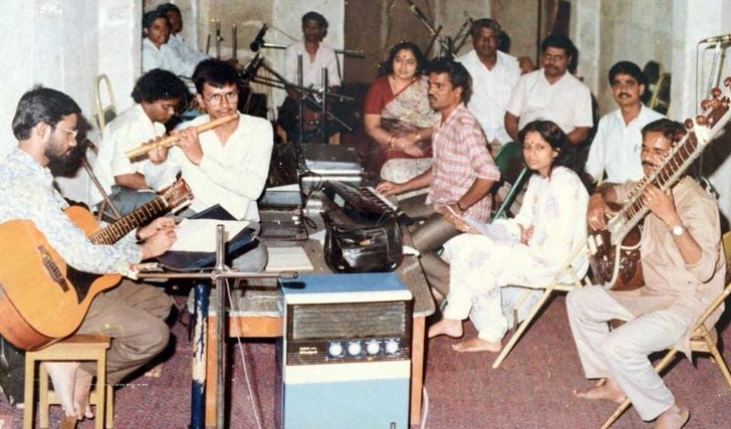 An old photo of B. R. Chaya practicing singing