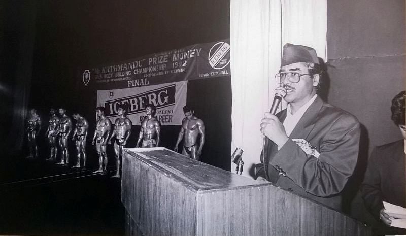 An old photo of Sher Bahadur Deuba speaking at a bodybuilding competition in 1992