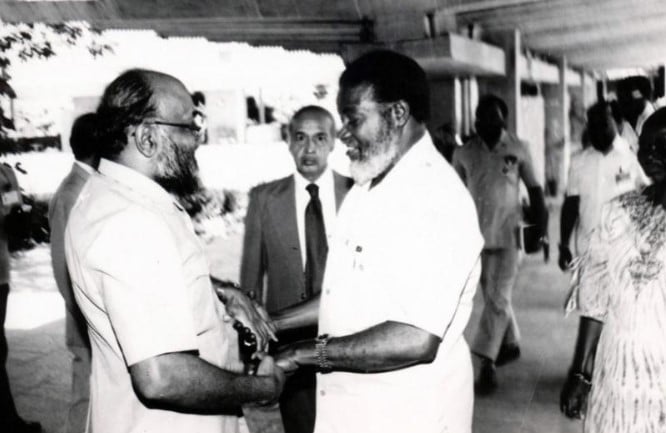 An old picture of Archibald Singham with Sam Nujoma, leader of Swapo