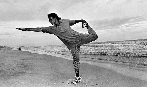 An old picture of P. T. Usha doing stretching exercise