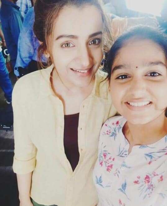 Anaswara Rajan with Trisha Krishnan (left) during the shoot of her first Tamil film