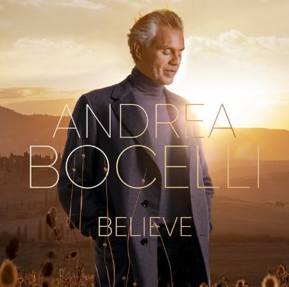 Andrea Bocelli on the poster of his music album Believe