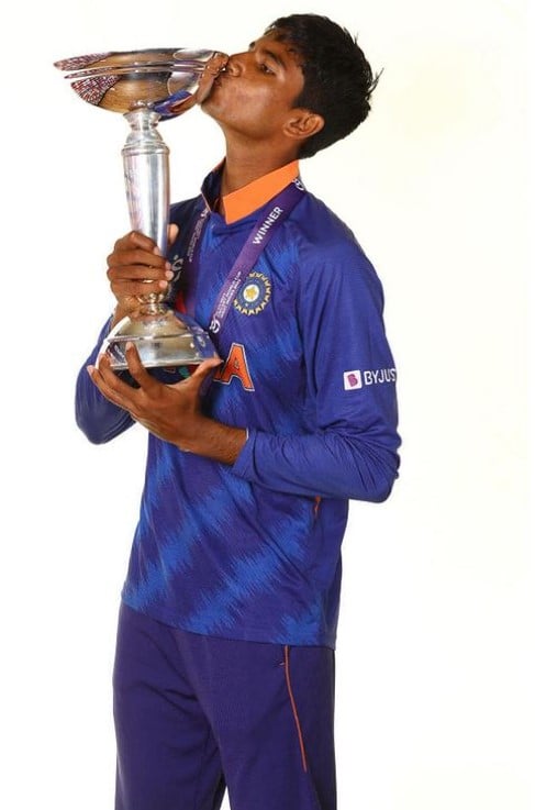 Angkrish Raghuvanshi with 2022 Under-19 World Cup Trophy