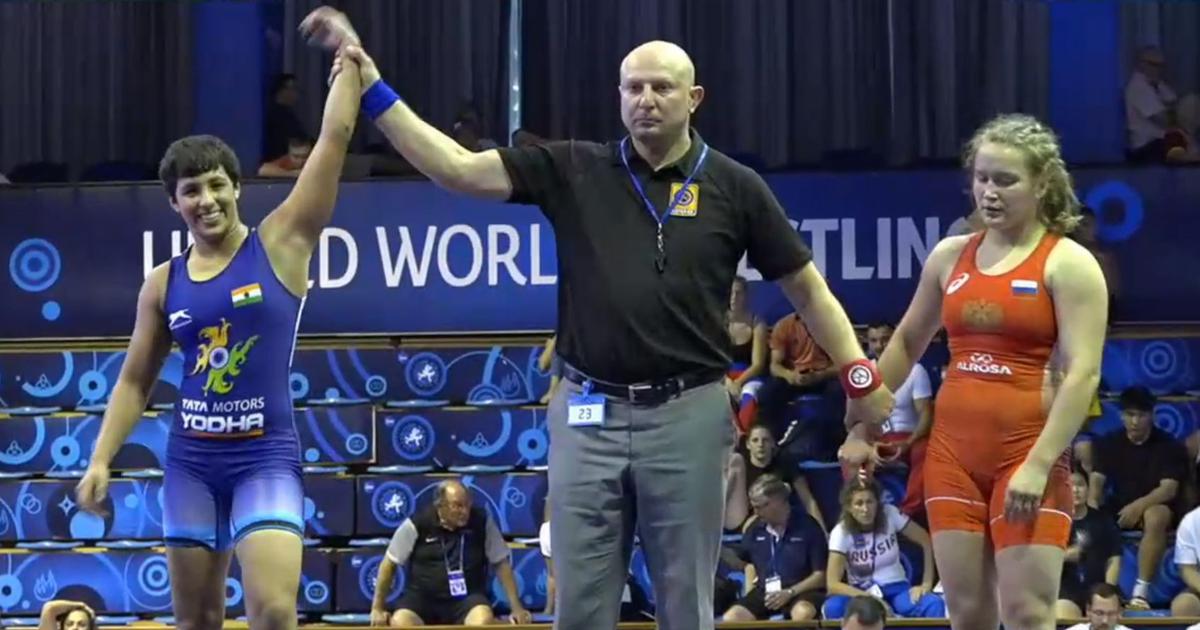 Anshu Malik after winning the Bronze medal in 59kgs at Junior World Wrestling Championships People wrestling held at Trnava (Slovakia)
