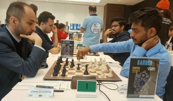 Aravindh Chithambaram and GM Samvel Ter-Sahakyan at the French Team Chess Championship