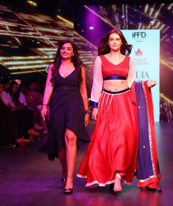 Archana Makwana (left) with a model wearing outfit designed by her at India Runway Week