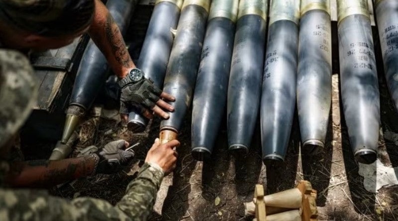 Artillery shells, with markings in Korean, seized by the Ukrainian Army from the Russians