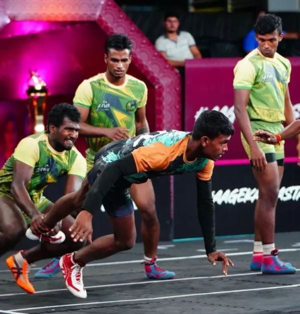 Arulnanthababu (extreme left) during a match in the Yuva Kabaddi Series Summer Edition 2023