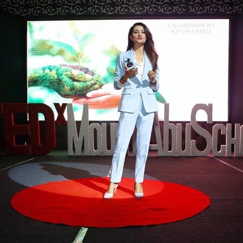 Arushi Nishank speaking at the Tedx Mount Abu School event