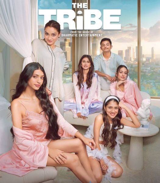 Aryaana Gandhi (right side on the back wearing pink) on the poster of the Indian influencer-based reality TV show titled 