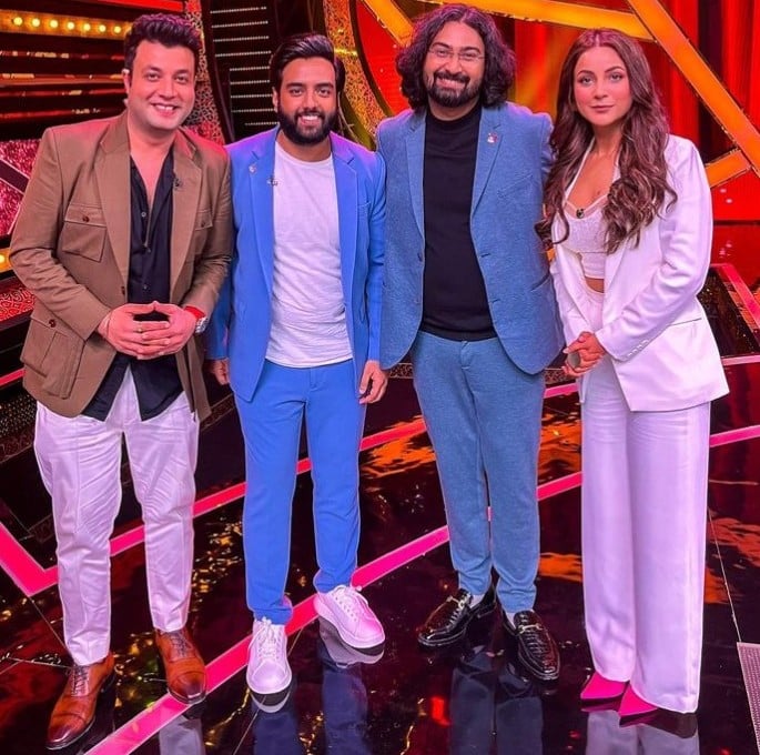 Ashish Chanchlani, Yashraj Mukhate, Ravi Gupta, and Shehnaaz Gill (left to right) during an episode of Good Night India