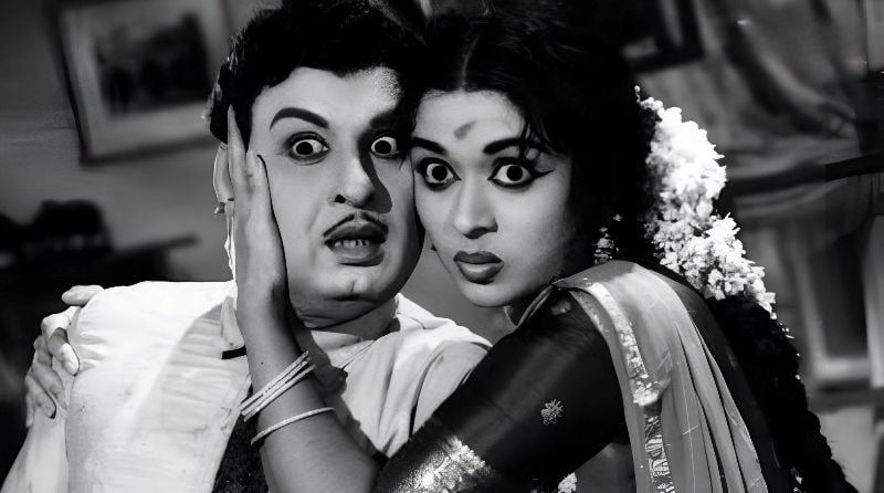 B. Saroja Devi and M. G. Ramachandran (as Ravi) in the film