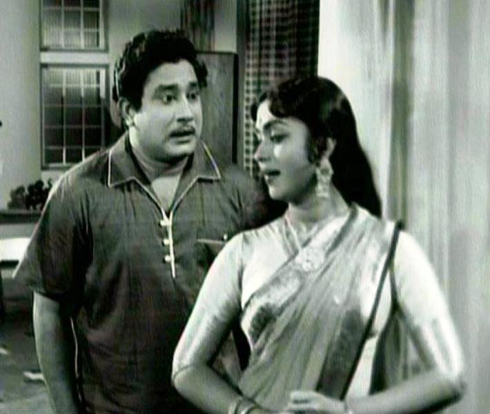 B. Saroja Devi with Sivaji Ganesan (as Selvam) in a still from the film