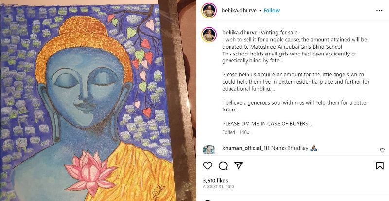 Bebika Dhurve’s Instagram post about her artwork that she put on sale for charity to Matoshree Ambubai Residential School for Blind Girls Kalaburagi, Gulbarga, Karnataka