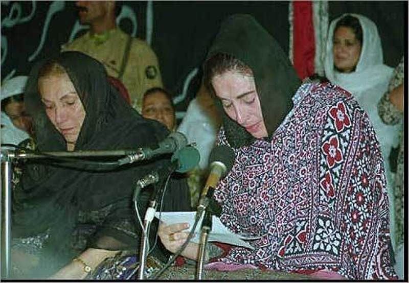 Bhutto (right), with her mother, Nusrat, broke into tears while delivering a condolence speech in Karachi in September 1996, after the assassination of her brother, Mir Murtaza Bhutto