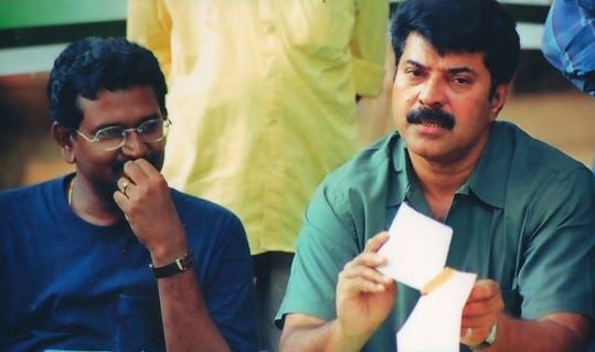 Blessy with Mammootty during the shoot of his first film Kazhcha
