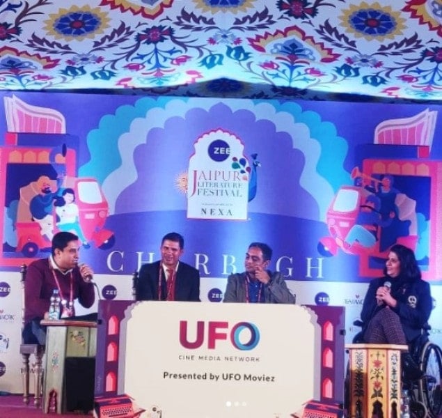 Boria Majumdar interviewing Deepa Malik at Jaipur Literature Fest in 2020