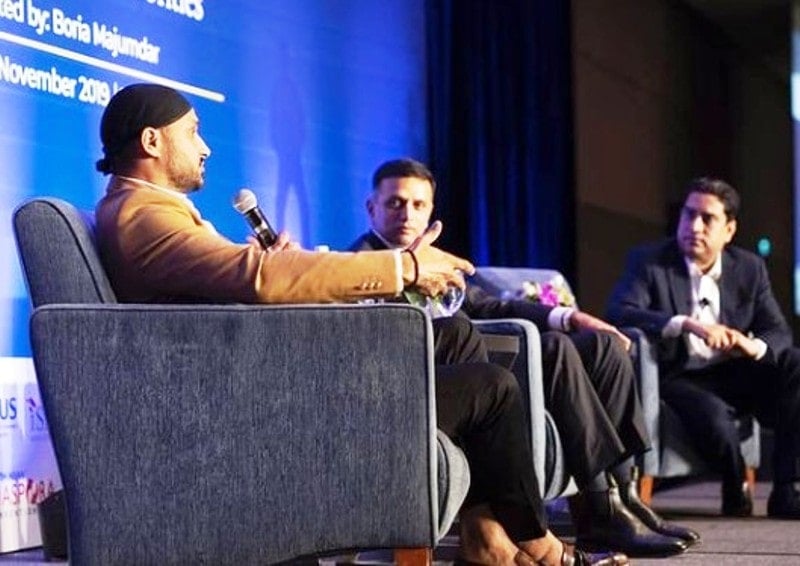Boria Majumdar with Rahul Dravid and Harbhajan Singh during the South Asian Diaspora Convention