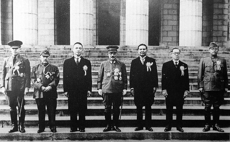 Bose (standing right most) with the participants of the Greater East Asia Conference