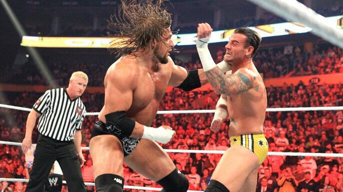 CM Punk and Triple H fighting for the WWE Championship title