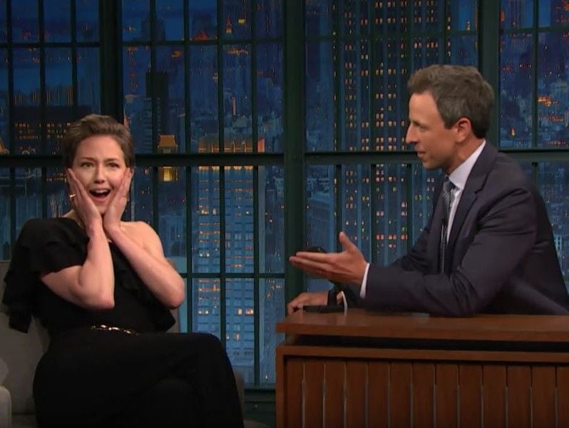 Carrie Coon in a still from Late Night with Seth Meyers