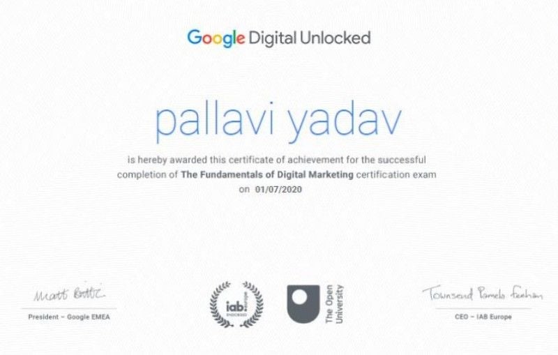 Certificate of The Fundamentals of Digital Marketing Course done by Pallavi Yadav