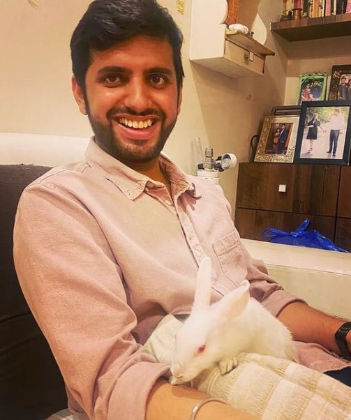 Cheitan Sharma with his pet rabbit