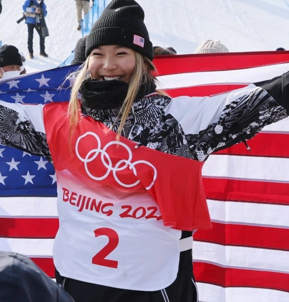 Chloe Kim posing at the Winter Olympics held in Beijing, China, in 2022