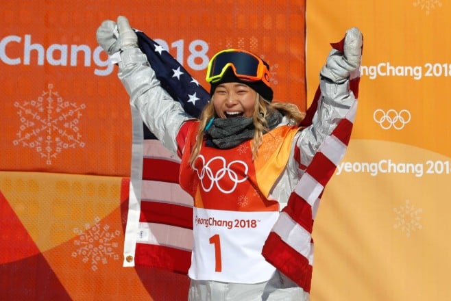 Chloe Kim posing at the Winter Olympics held in Pyeongchang, South Korea, in 2018