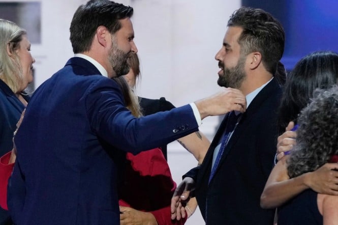 Cory Bowman hugs his brother, then-Republican vice presidential candidate JD Vance, during the Republican National Convention in Milwaukee in 2024