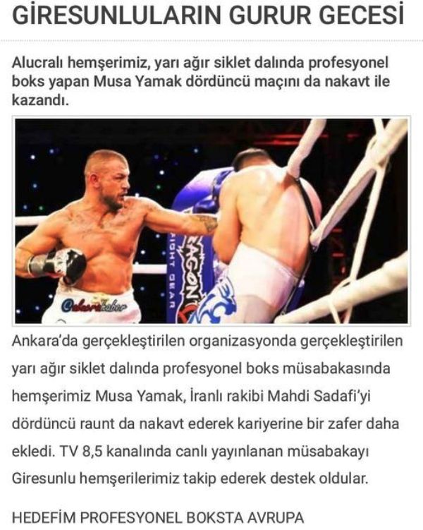 Cut out of a local Turkish newspaper congratulating Musa on his fourth professional boxing match win