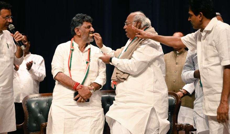 D. K. Shivakumar with Mallikarjun Kharge and Randeep Surjewala after Congress won the 2023 Karnataka assembly elections