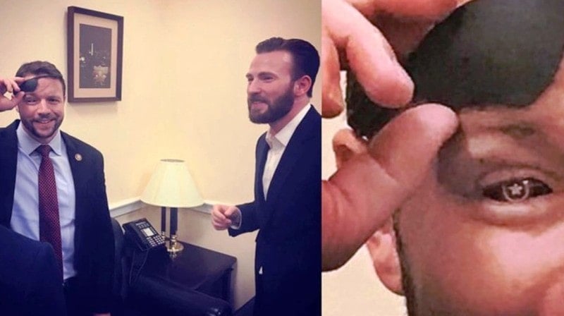 Dan Crenshaw showing his Captain America glass prosthetic eyeball