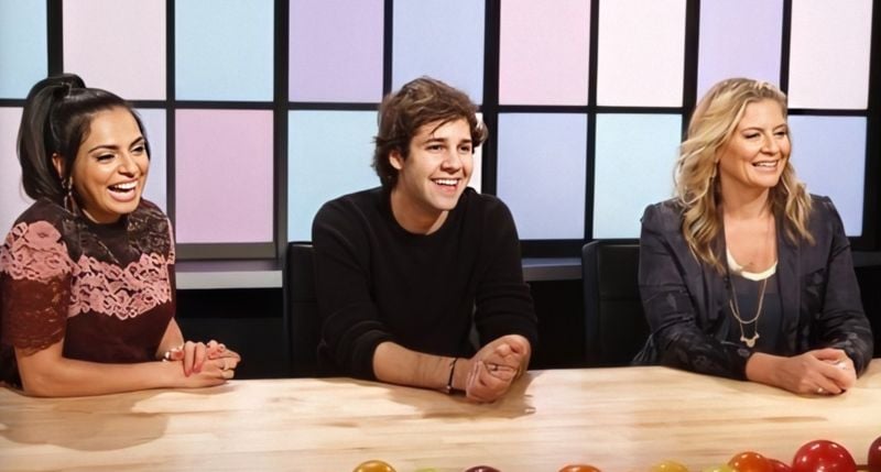 David Dobrik (centre) in a still from the American reality cooking TV game show titled 