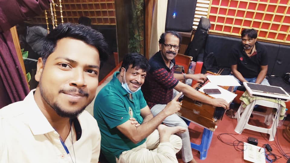 Debesh Pati (extreme left) during a recording session