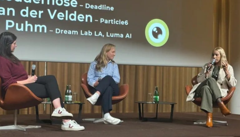 Diana Lodderhose, Eline Van der Velden, and Verena Puhm during the launch of Tilly Norwood